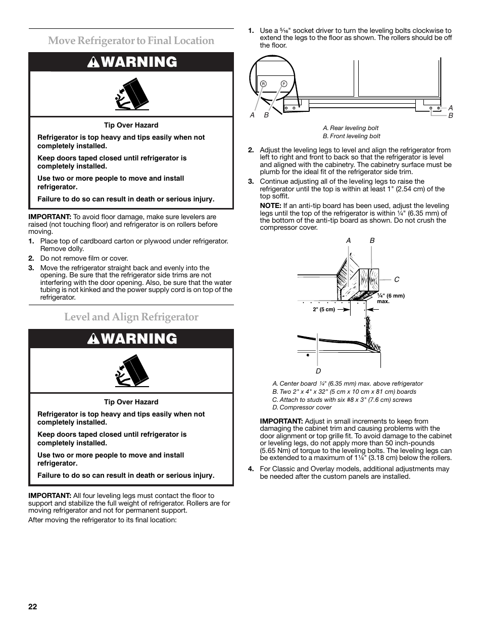 Warning, Move refrigerator to final location, Level and align refrigerator | KITCHENAID W10291426A User Manual | Page 22 / 76
