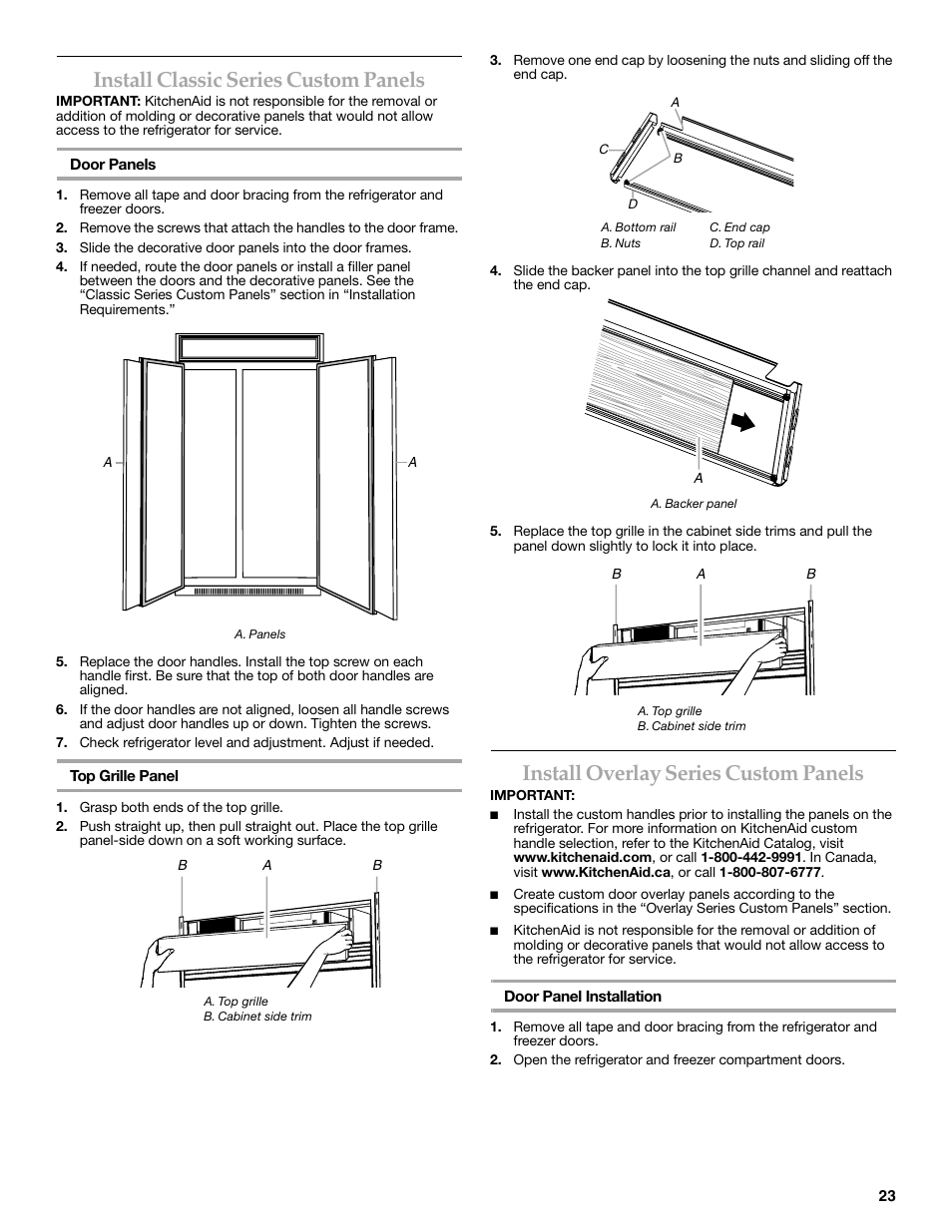 Install classic series custom panels, Install overlay series custom panels | KITCHENAID W10291426A User Manual | Page 23 / 76