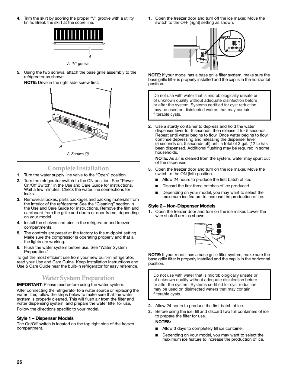 Complete installation, Water system preparation | KITCHENAID W10291426A User Manual | Page 26 / 76