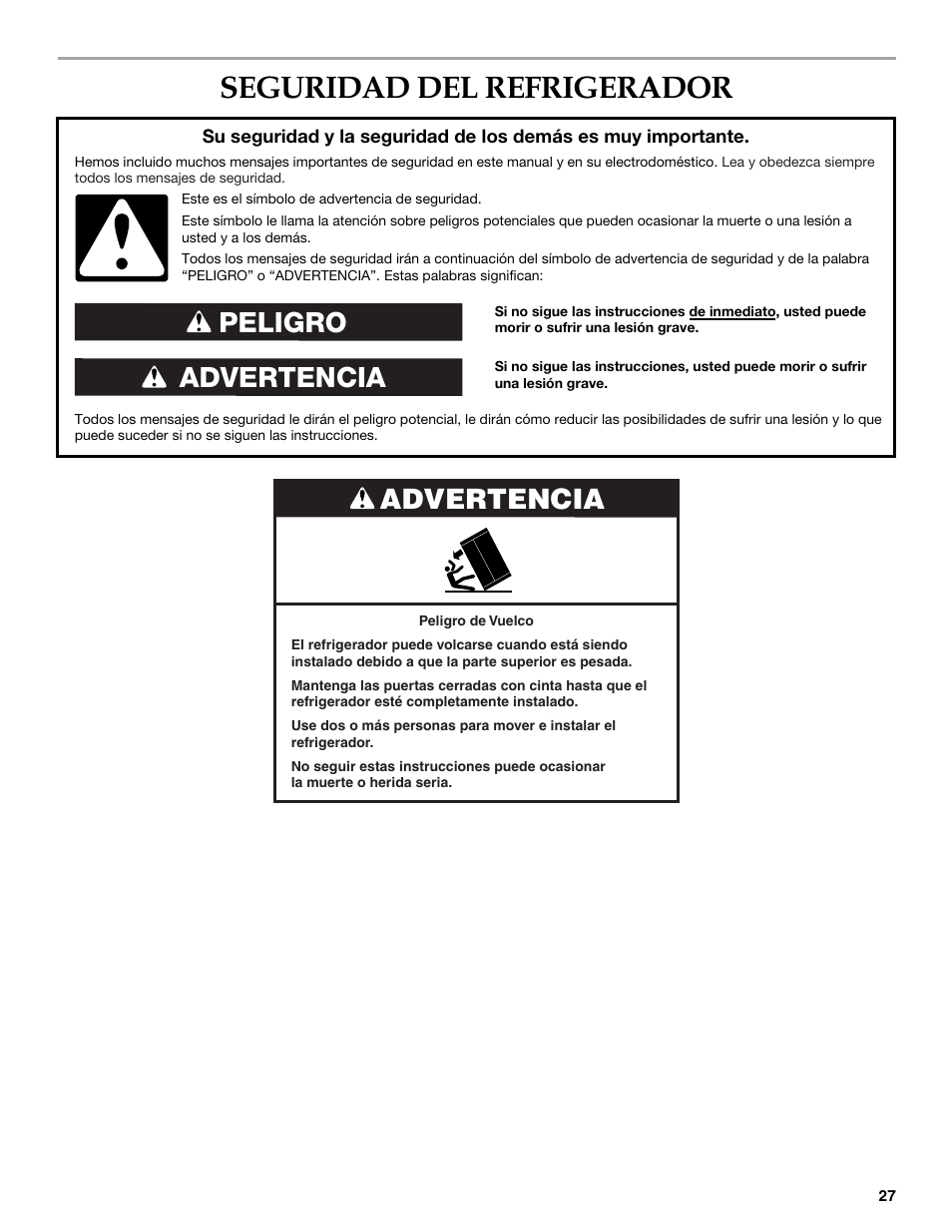 Seguridad del refrigerador, Advertencia peligro, Advertencia | KITCHENAID W10291426A User Manual | Page 27 / 76