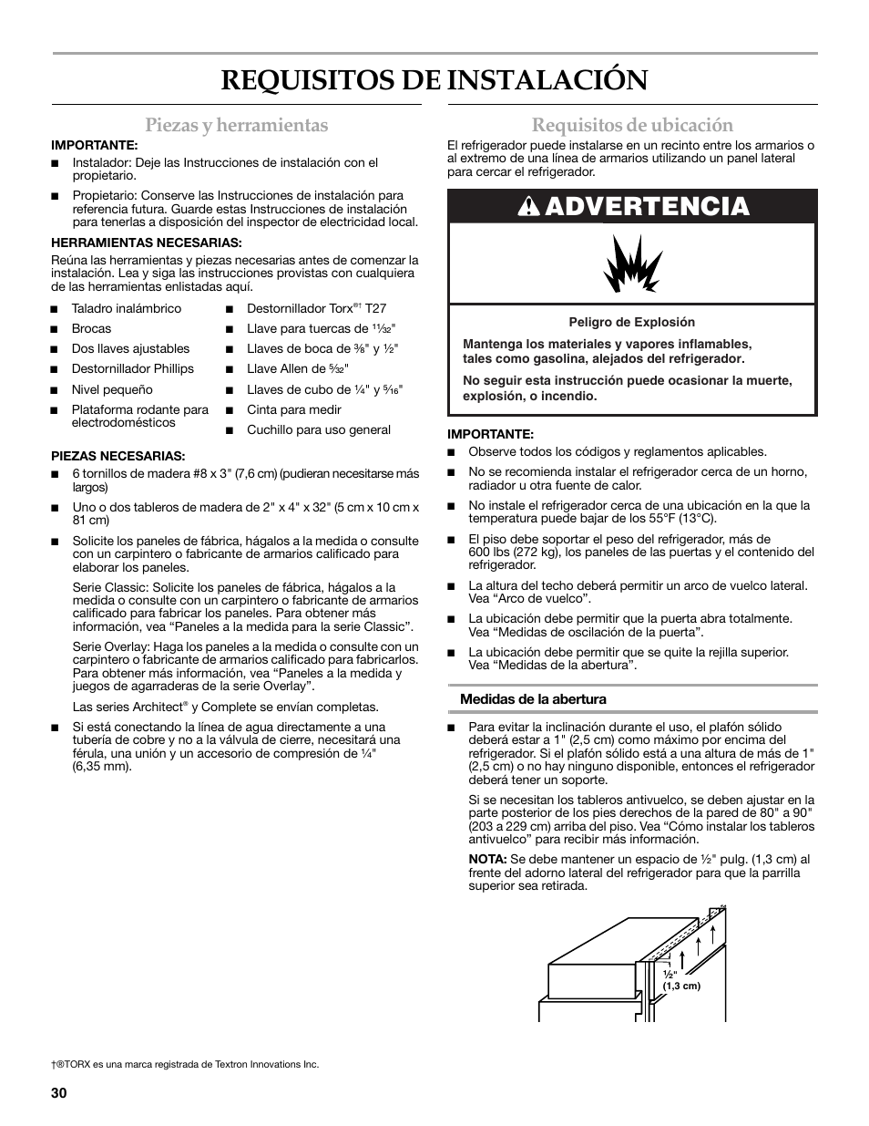 Requisitos de instalación, Advertencia, Piezas y herramientas | Requisitos de ubicación | KITCHENAID W10291426A User Manual | Page 30 / 76