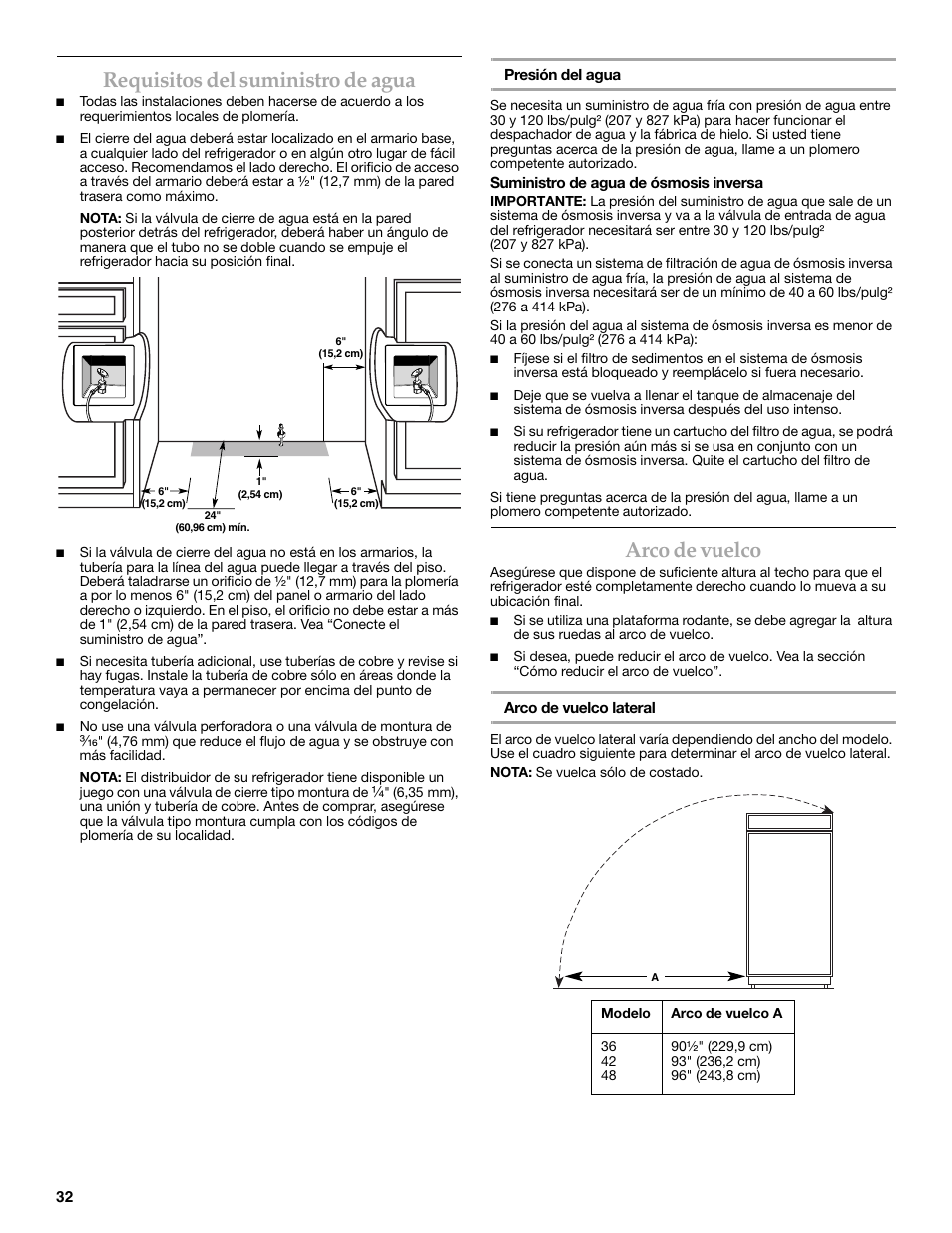 Requisitos del suministro de agua, Arco de vuelco | KITCHENAID W10291426A User Manual | Page 32 / 76