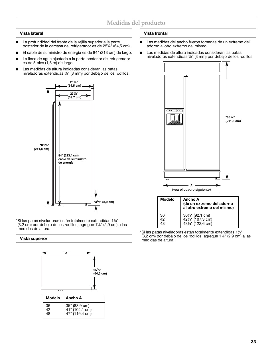 Medidas del producto | KITCHENAID W10291426A User Manual | Page 33 / 76