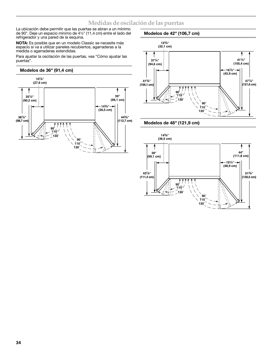 Medidas de oscilación de las puertas | KITCHENAID W10291426A User Manual | Page 34 / 76