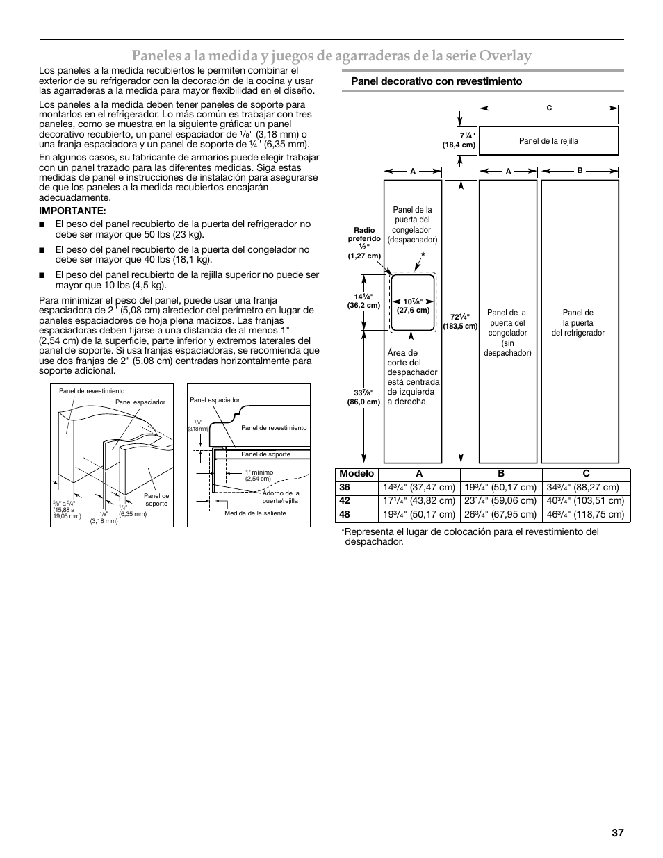 Panel decorativo con revestimiento | KITCHENAID W10291426A User Manual | Page 37 / 76