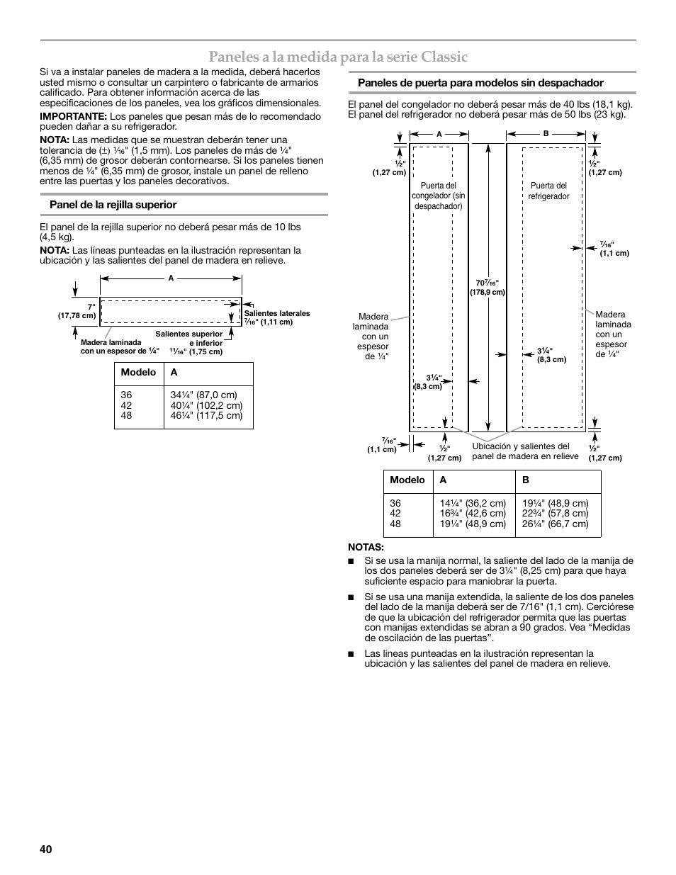 Paneles a la medida para la serie classic | KITCHENAID W10291426A User Manual | Page 40 / 76