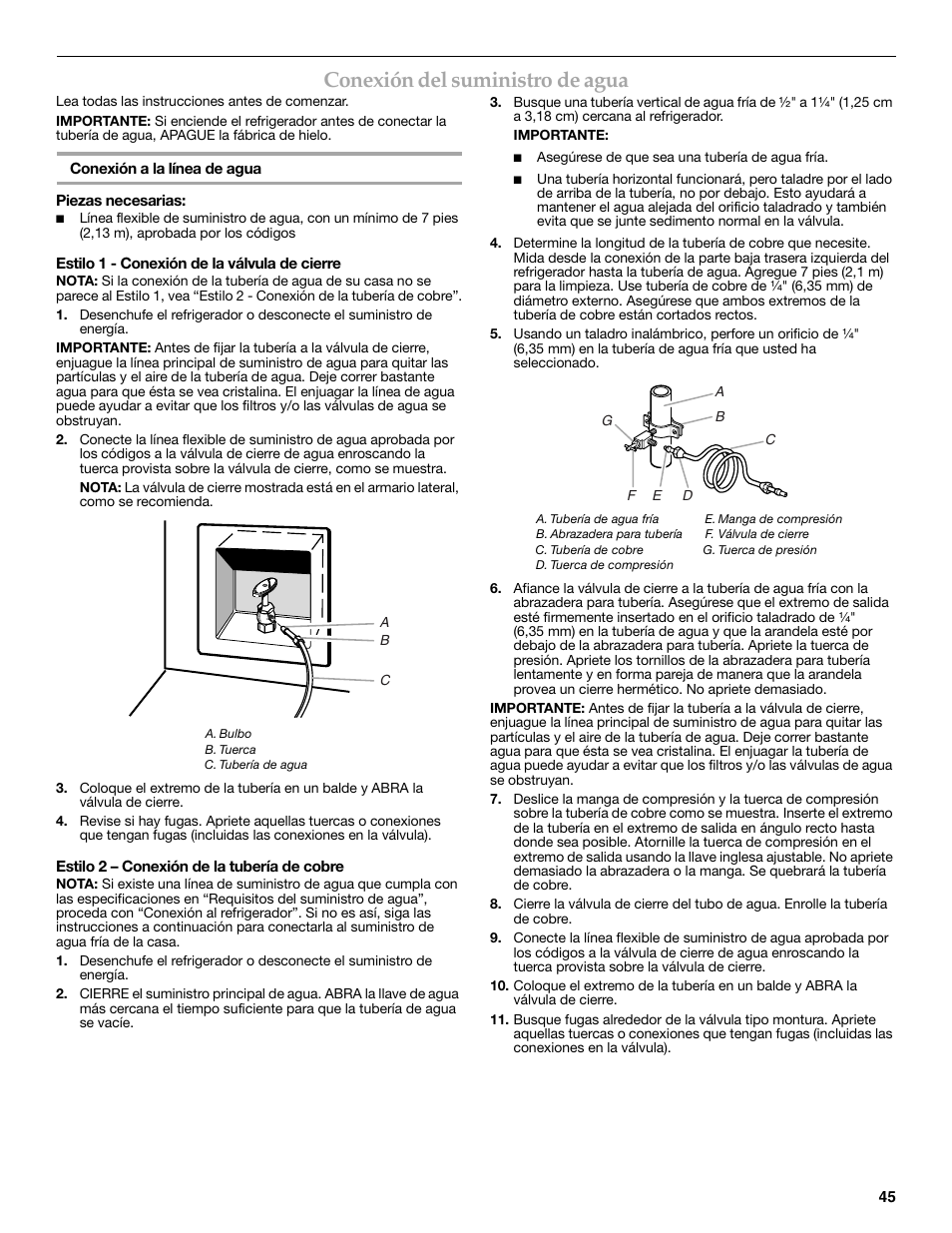 Conexión del suministro de agua | KITCHENAID W10291426A User Manual | Page 45 / 76