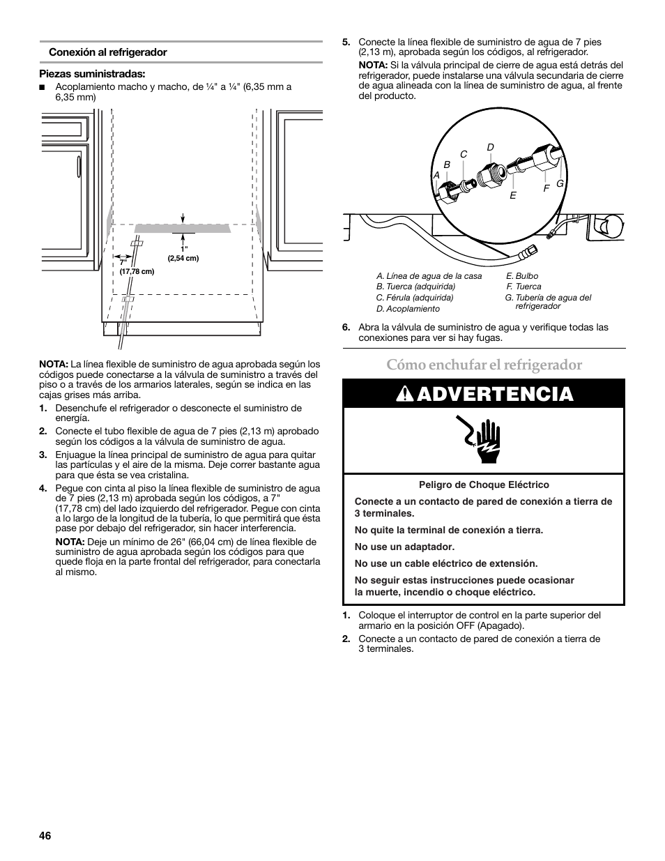 Advertencia, Cómo enchufar el refrigerador | KITCHENAID W10291426A User Manual | Page 46 / 76
