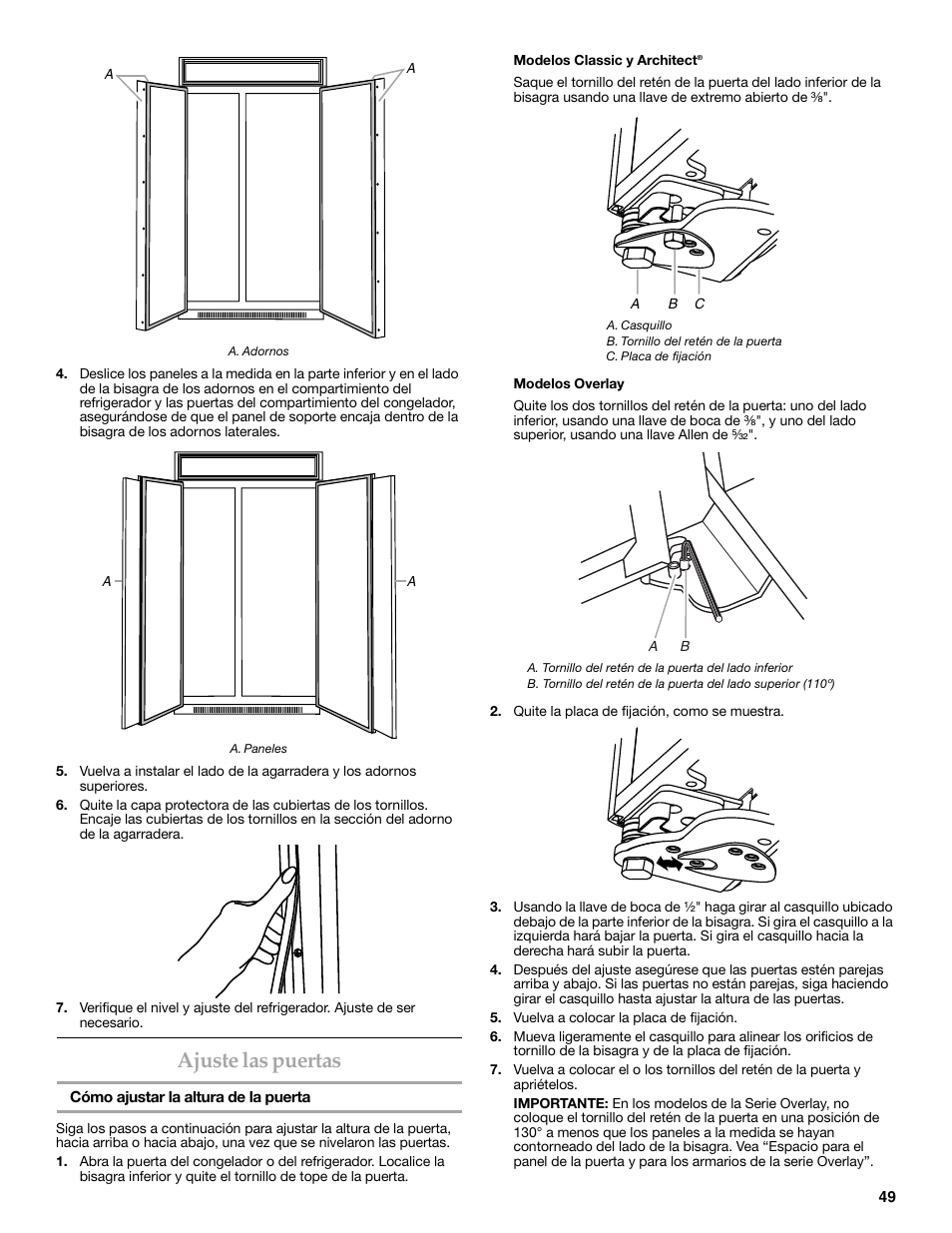 Ajuste las puertas | KITCHENAID W10291426A User Manual | Page 49 / 76