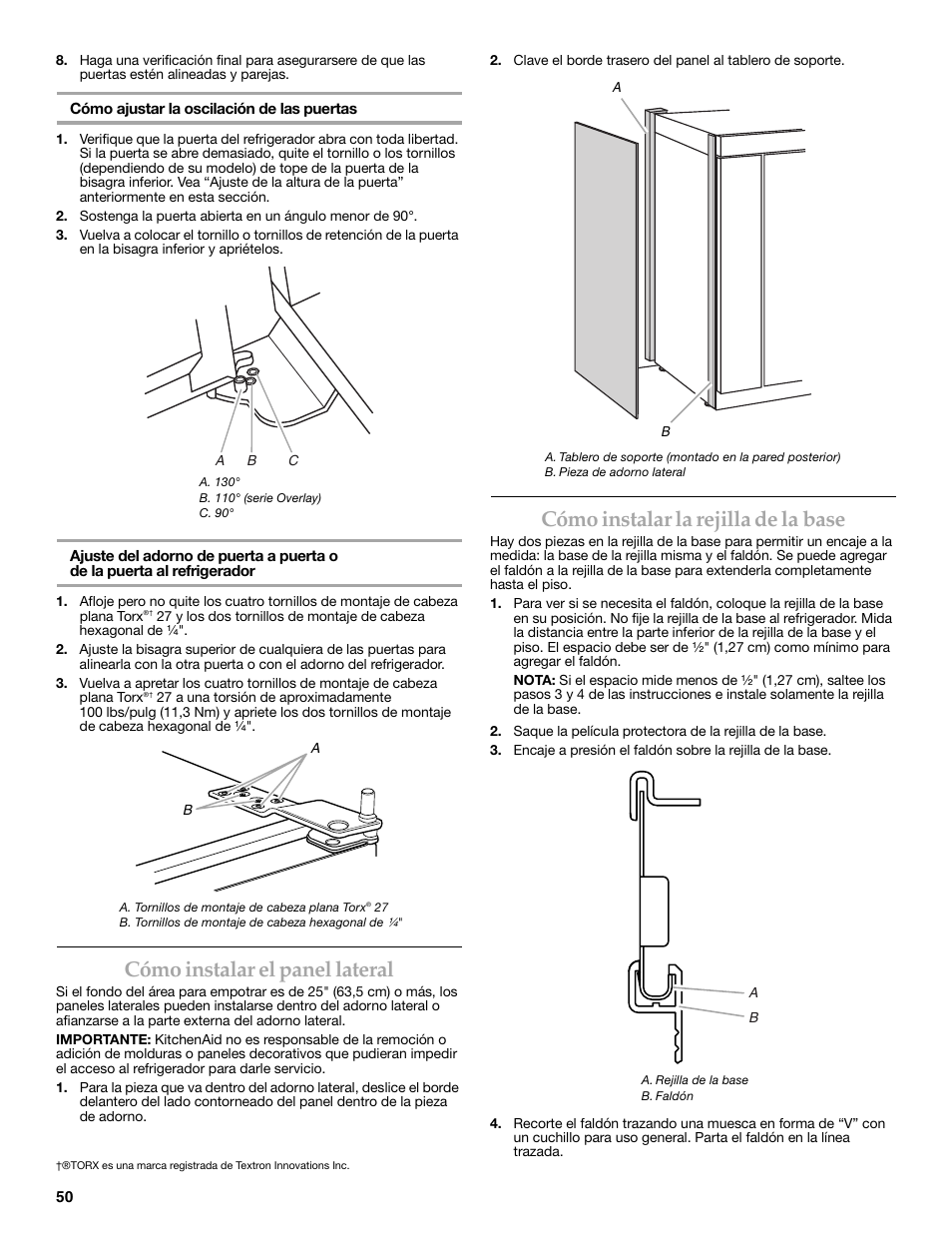 Cómo instalar el panel lateral, Cómo instalar la rejilla de la base | KITCHENAID W10291426A User Manual | Page 50 / 76