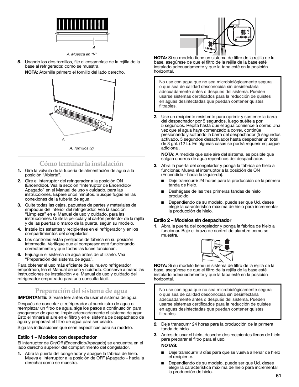 Cómo terminar la instalación, Preparación del sistema de agua | KITCHENAID W10291426A User Manual | Page 51 / 76
