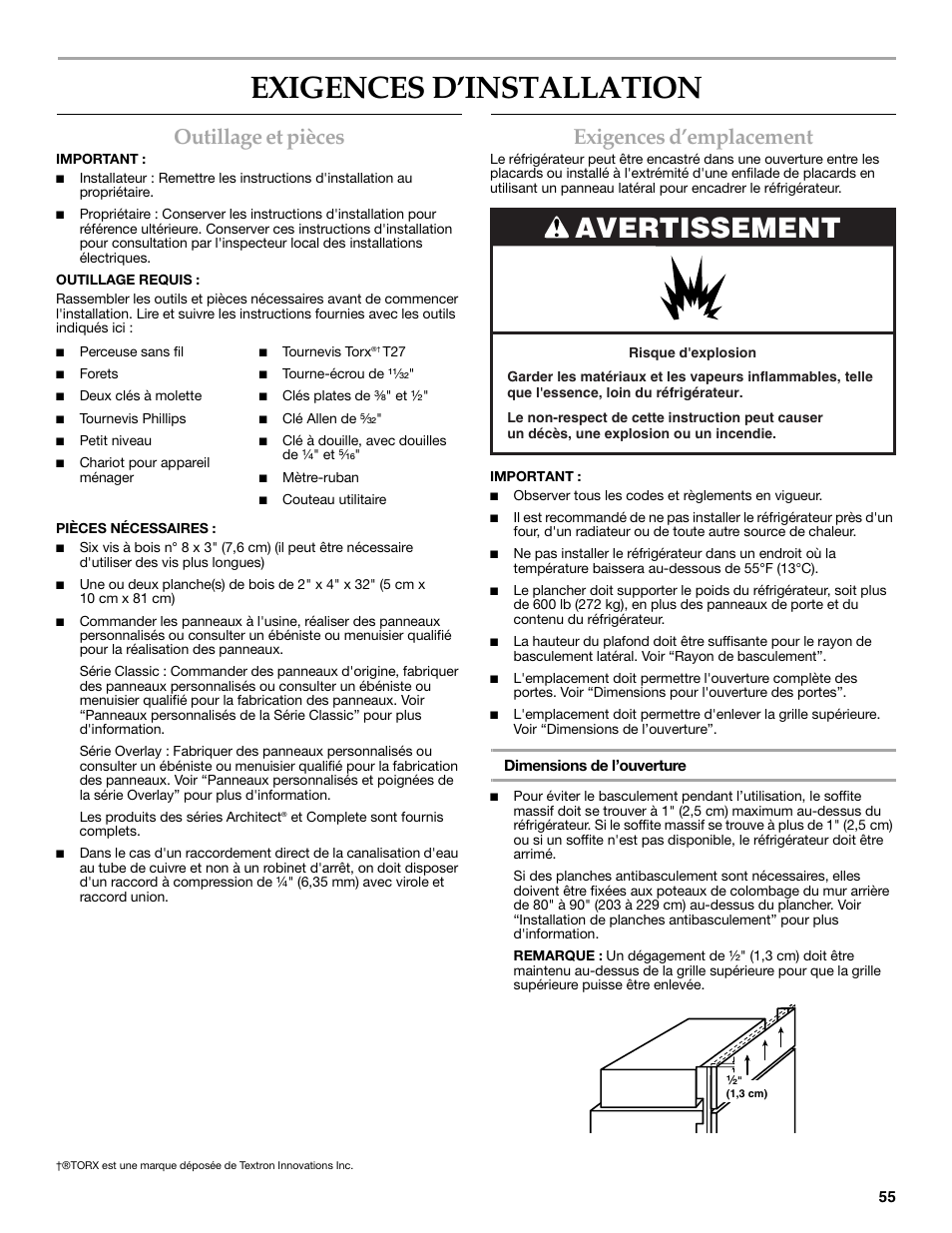 Exigences d’installation, Avertissement, Outillage et pièces | Exigences d’emplacement | KITCHENAID W10291426A User Manual | Page 55 / 76