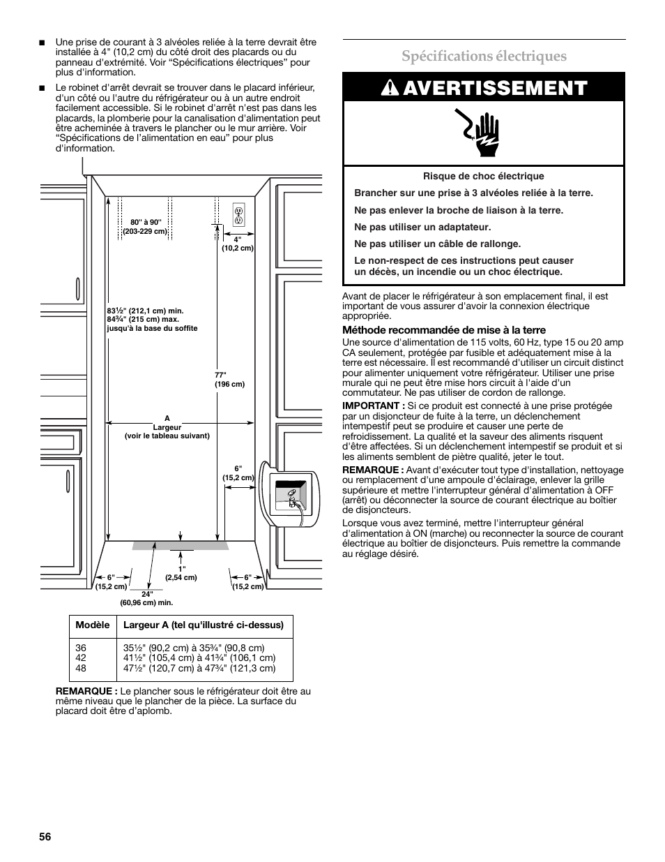 Avertissement, Spécifications électriques | KITCHENAID W10291426A User Manual | Page 56 / 76