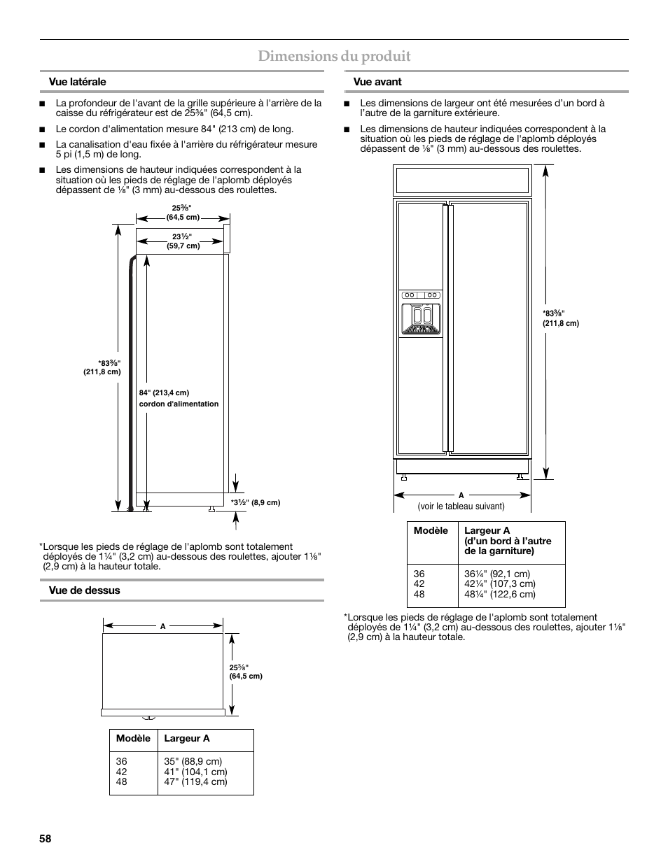 Dimensions du produit | KITCHENAID W10291426A User Manual | Page 58 / 76