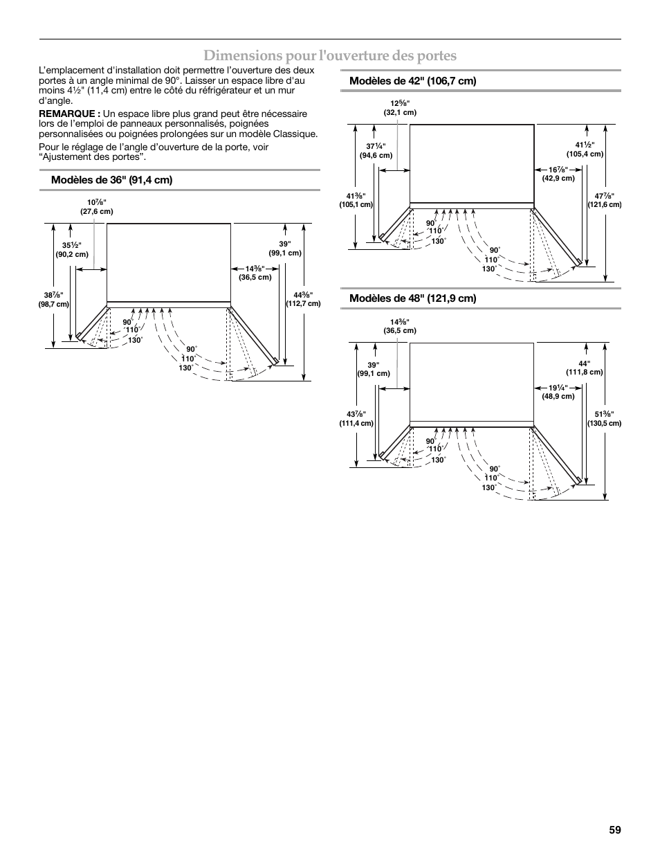 Dimensions pour l'ouverture des portes | KITCHENAID W10291426A User Manual | Page 59 / 76