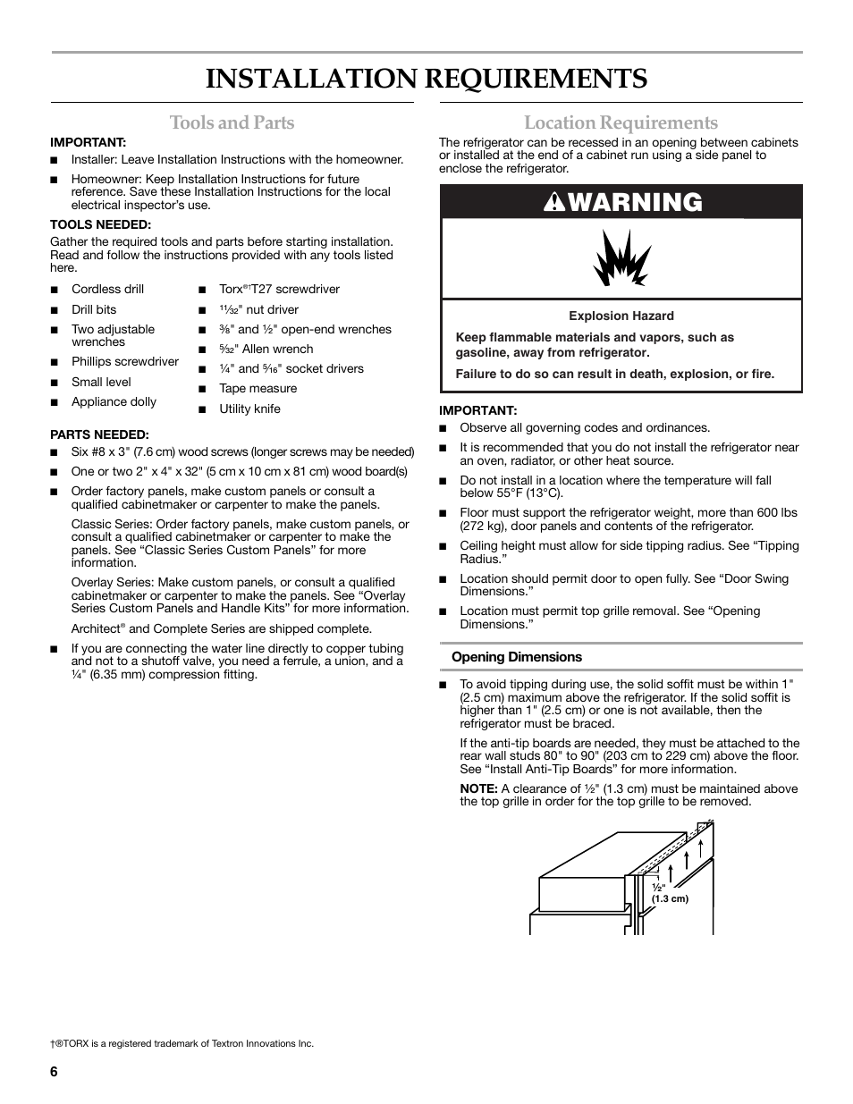 Installation requirements, Warning, Tools and parts | Location requirements | KITCHENAID W10291426A User Manual | Page 6 / 76