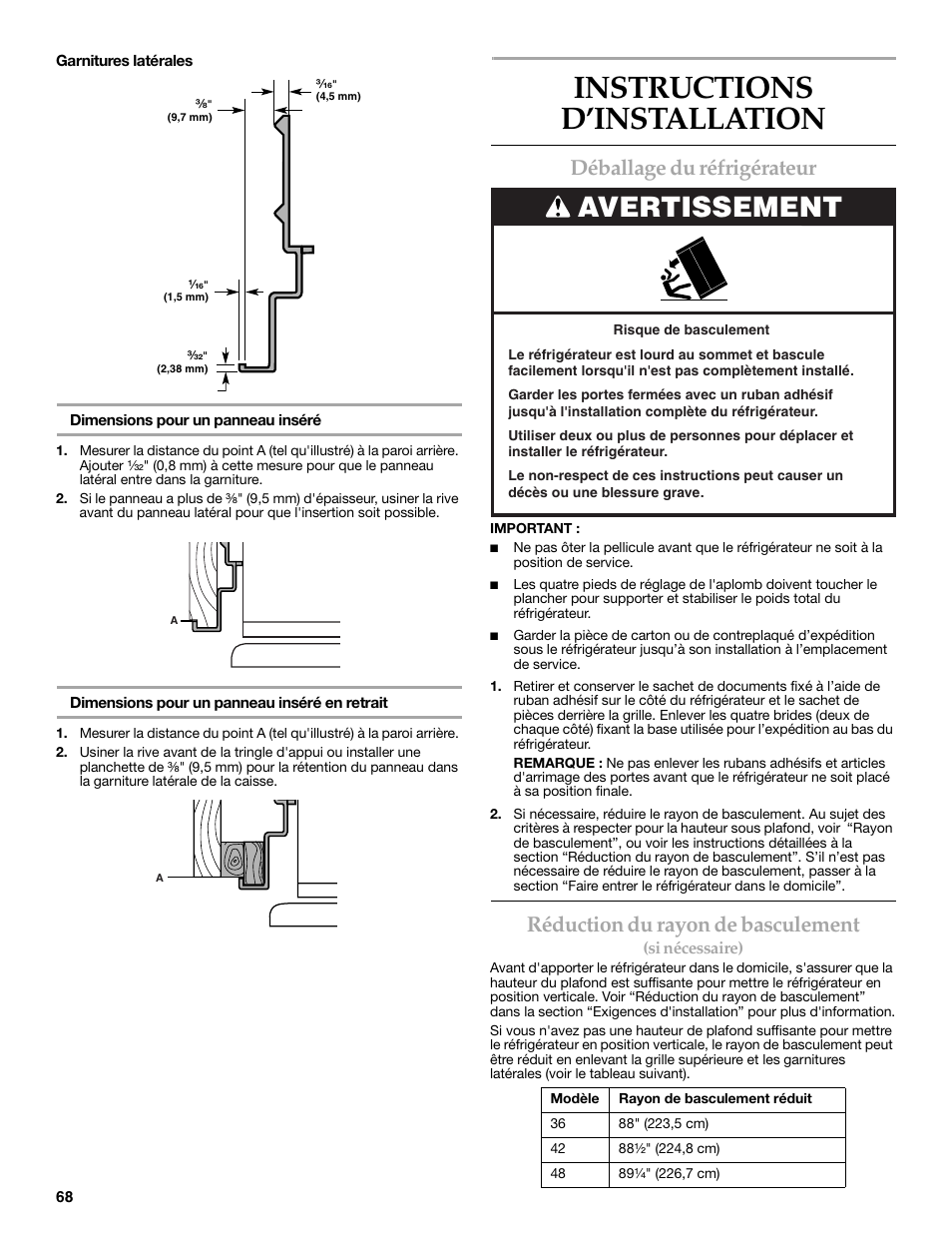 Instructions d’installation, Avertissement, Déballage du réfrigérateur | Réduction du rayon de basculement | KITCHENAID W10291426A User Manual | Page 68 / 76
