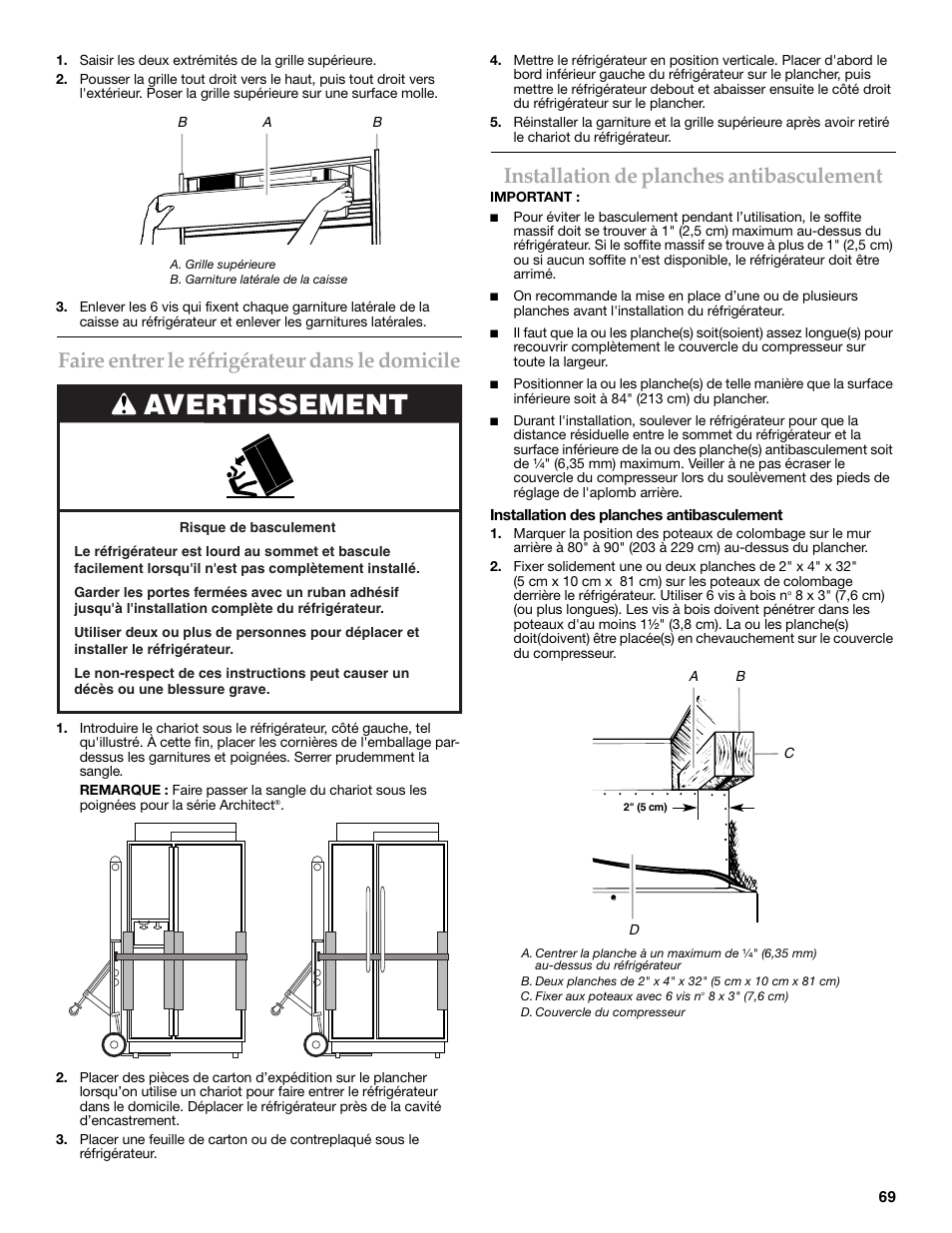 Avertissement, Faire entrer le réfrigérateur dans le domicile, Installation de planches antibasculement | KITCHENAID W10291426A User Manual | Page 69 / 76