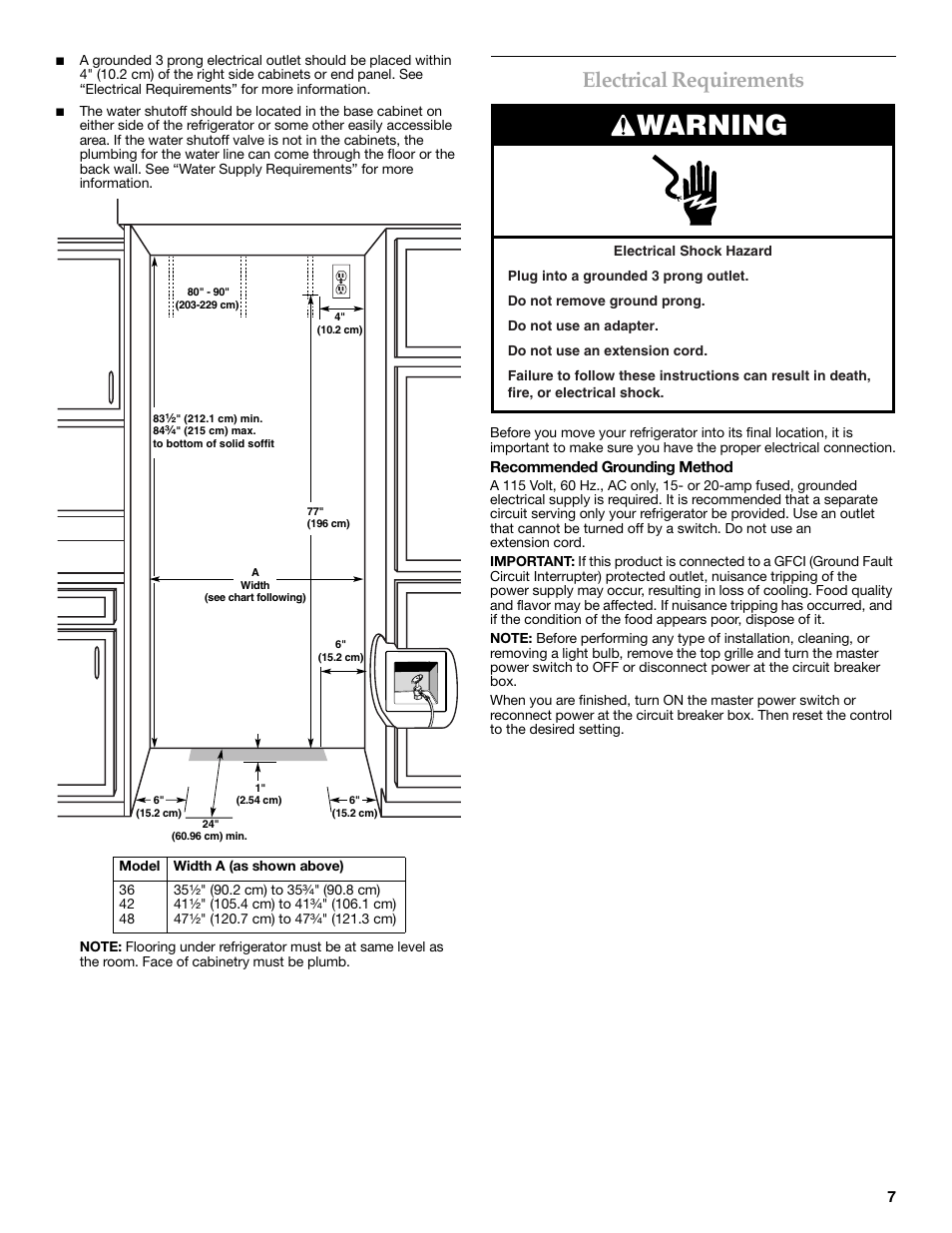 Warning, Electrical requirements | KITCHENAID W10291426A User Manual | Page 7 / 76