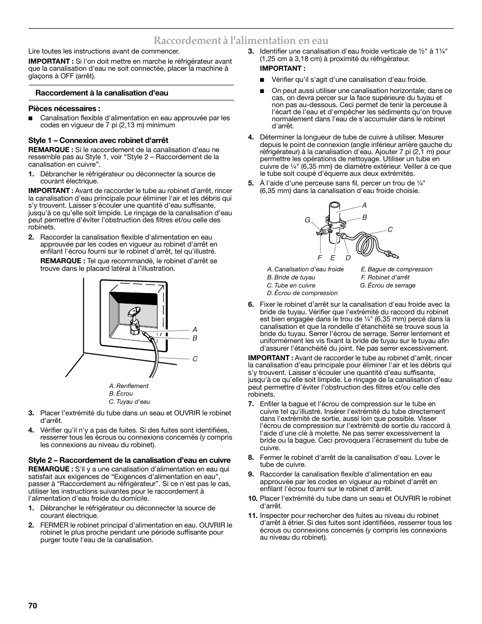 Raccordement à l'alimentation en eau | KITCHENAID W10291426A User Manual | Page 70 / 76