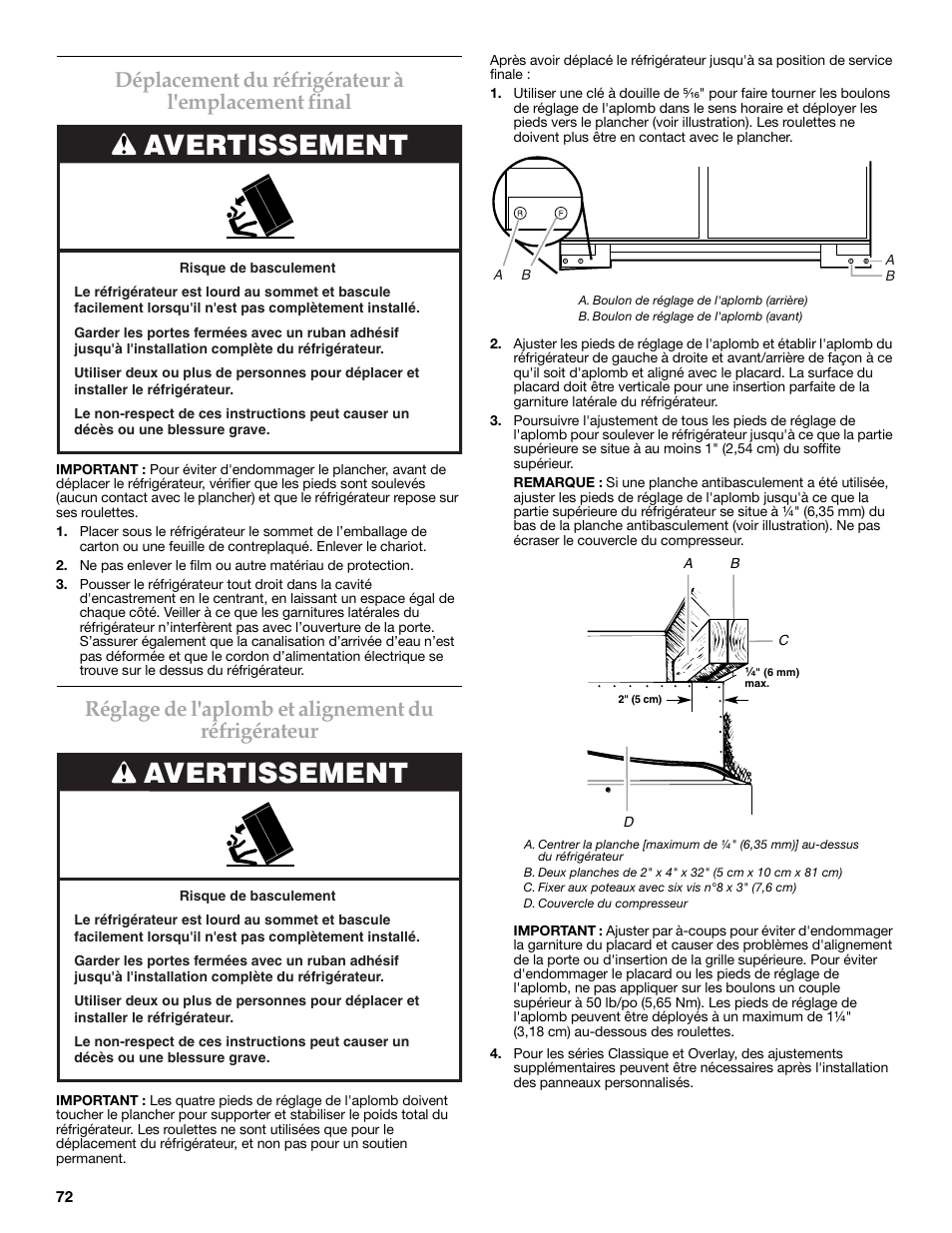 Avertissement, Déplacement du réfrigérateur à l'emplacement final, Réglage de l'aplomb et alignement du réfrigérateur | KITCHENAID W10291426A User Manual | Page 72 / 76