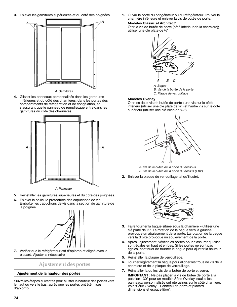Ajustement des portes | KITCHENAID W10291426A User Manual | Page 74 / 76