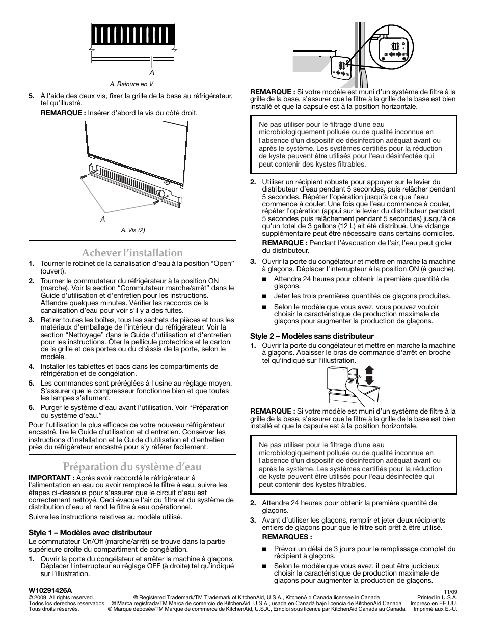 Achever l’installation, Préparation du système d’eau | KITCHENAID W10291426A User Manual | Page 76 / 76