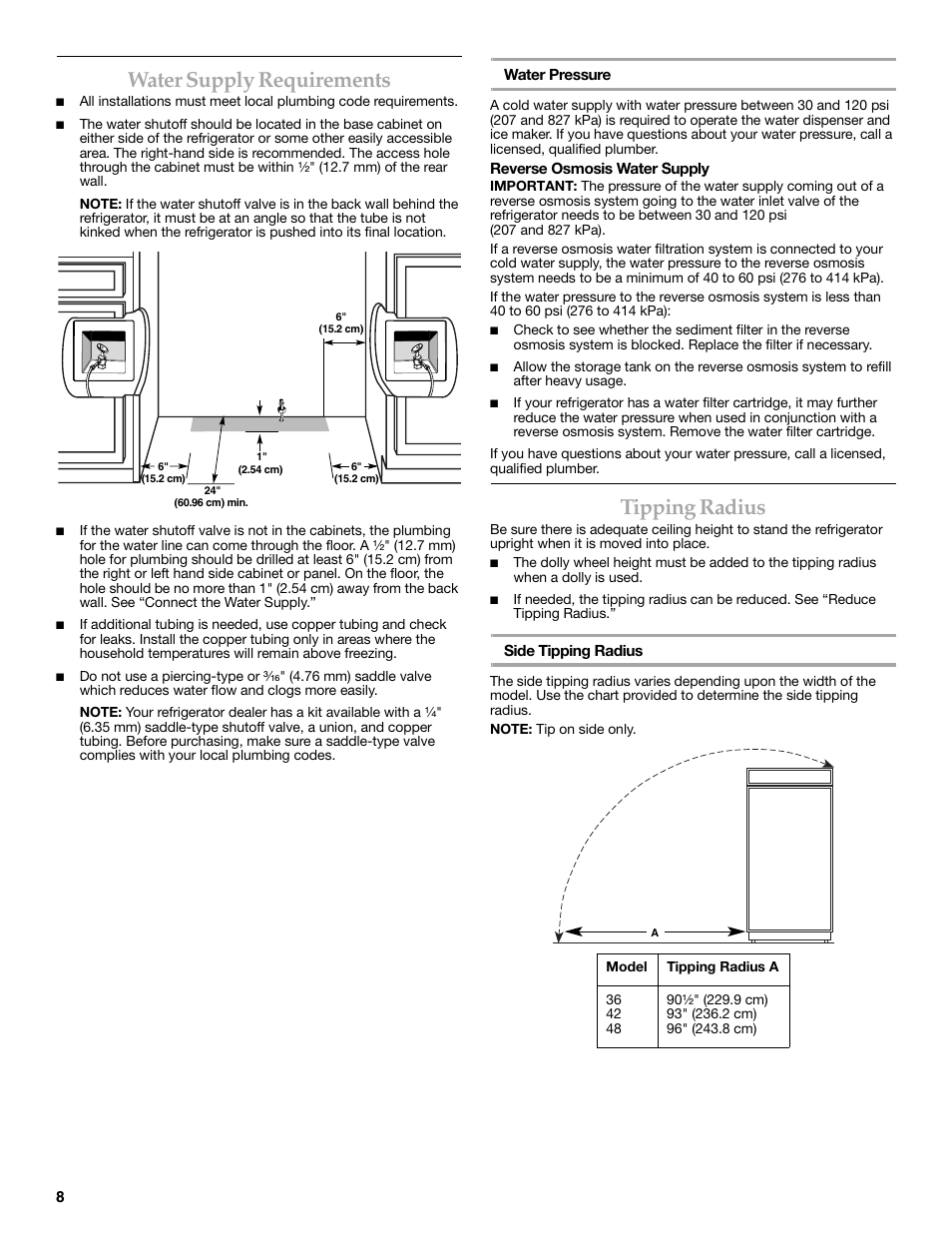 Water supply requirements, Tipping radius | KITCHENAID W10291426A User Manual | Page 8 / 76