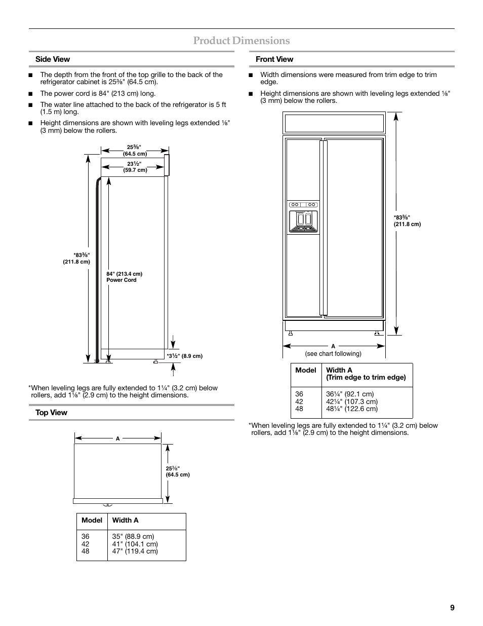 Product dimensions | KITCHENAID W10291426A User Manual | Page 9 / 76