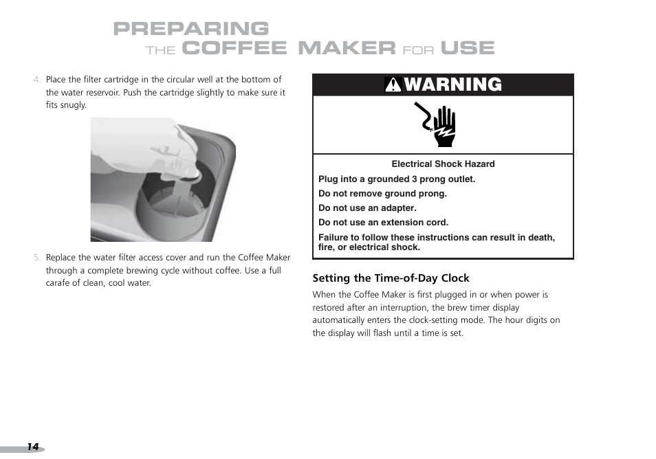 Preparing, Coffee maker, Use warning | KITCHENAID PROLINE 4KPCM050 User Manual | Page 15 / 38