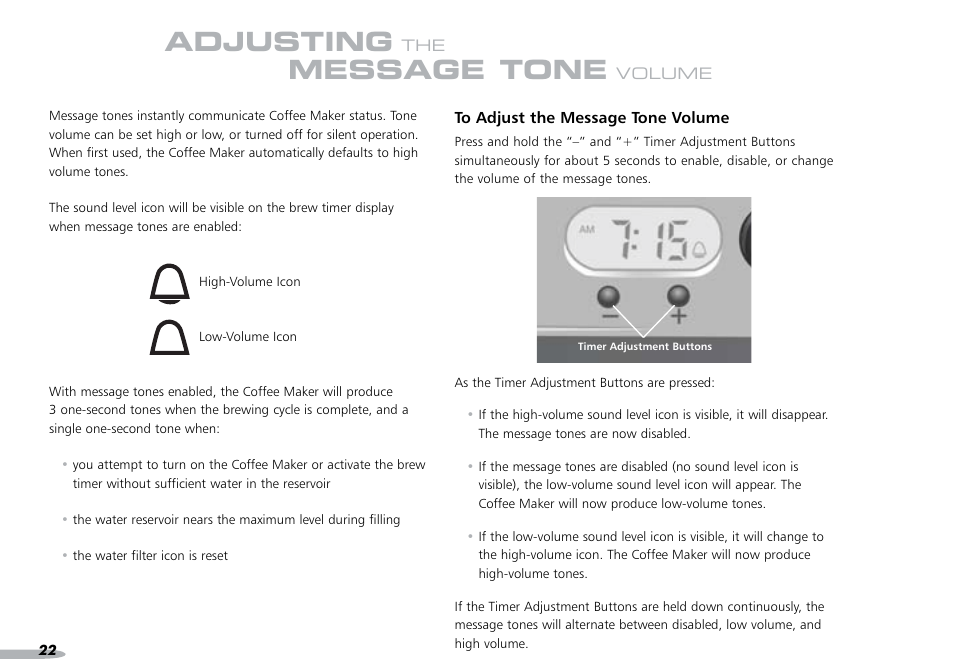 Adjusting, Message tone | KITCHENAID PROLINE 4KPCM050 User Manual | Page 23 / 38