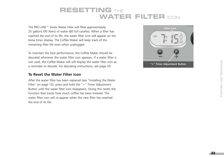 Resetting, Water filter | KITCHENAID PROLINE 4KPCM050 User Manual | Page 24 / 38