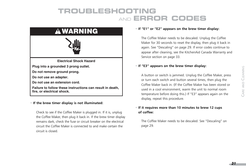 Troubleshooting, Error codes warning | KITCHENAID PROLINE 4KPCM050 User Manual | Page 32 / 38