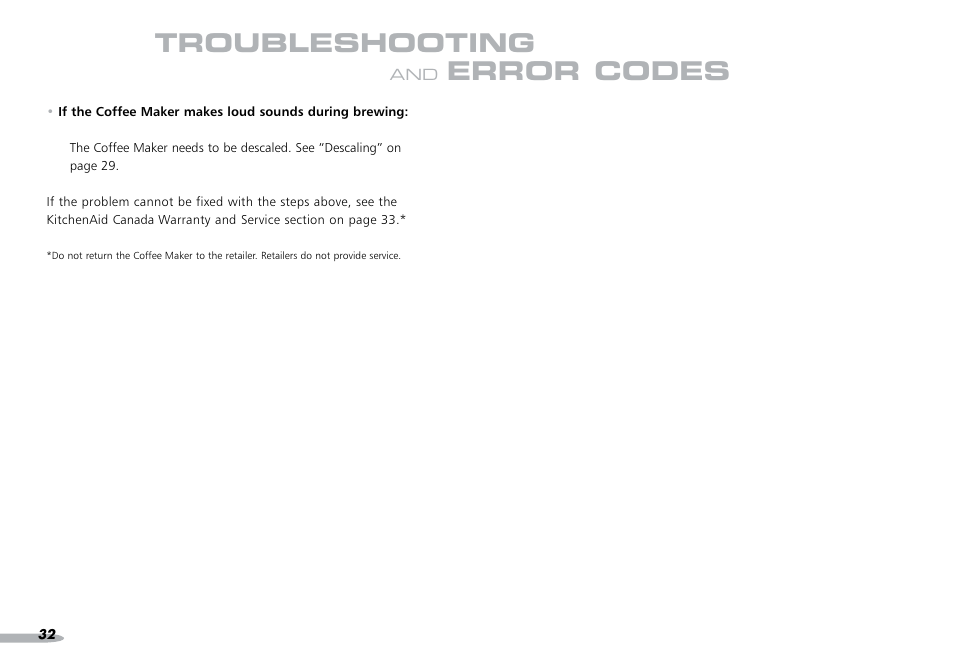 Troubleshooting, Error codes | KITCHENAID PROLINE 4KPCM050 User Manual | Page 33 / 38