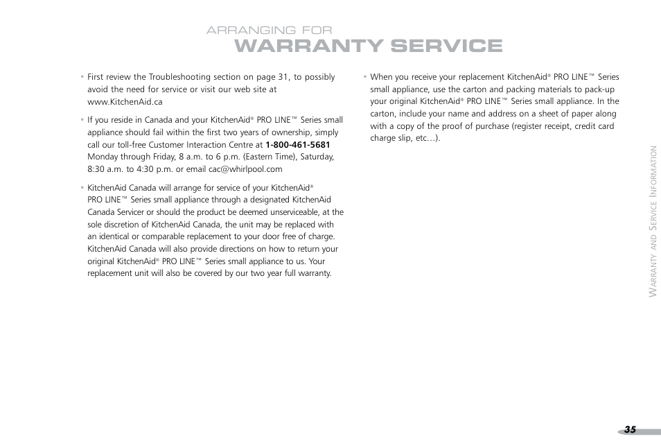 Warranty, Service | KITCHENAID PROLINE 4KPCM050 User Manual | Page 36 / 38