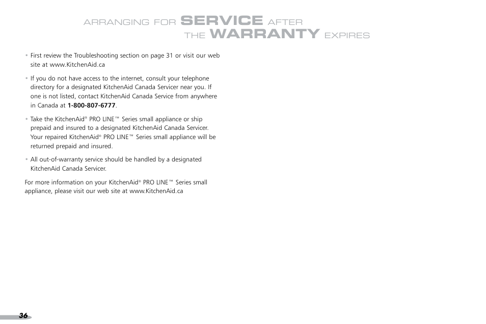 Service, Warranty | KITCHENAID PROLINE 4KPCM050 User Manual | Page 37 / 38