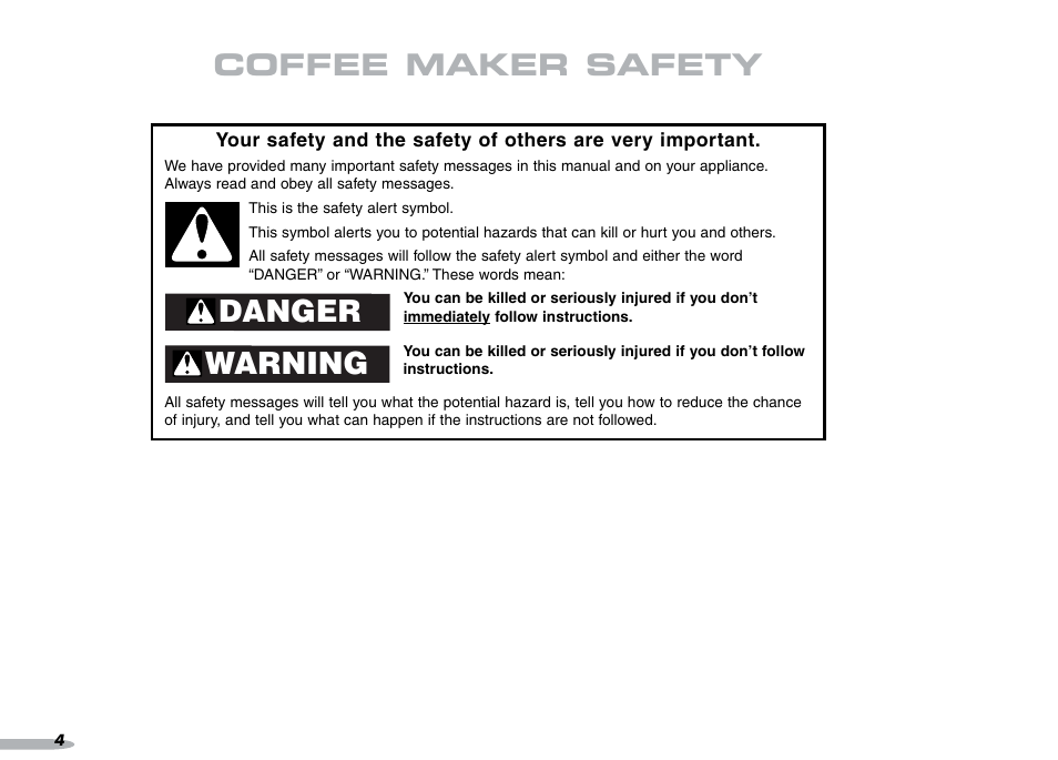 Danger warning, Coffee maker safety | KITCHENAID PROLINE 4KPCM050 User Manual | Page 5 / 38