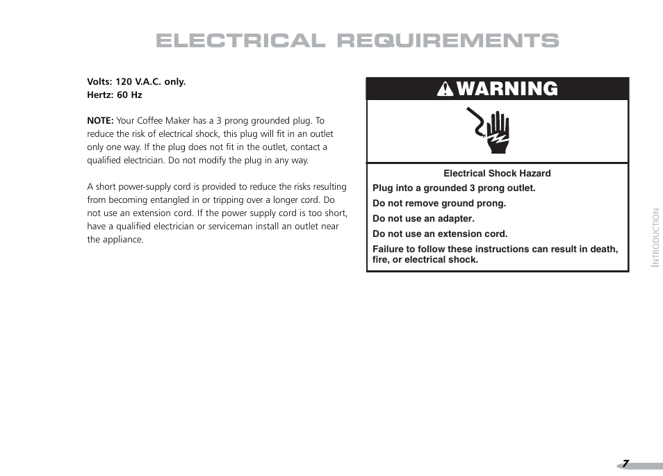 Electrical requirements warning | KITCHENAID PROLINE 4KPCM050 User Manual | Page 8 / 38