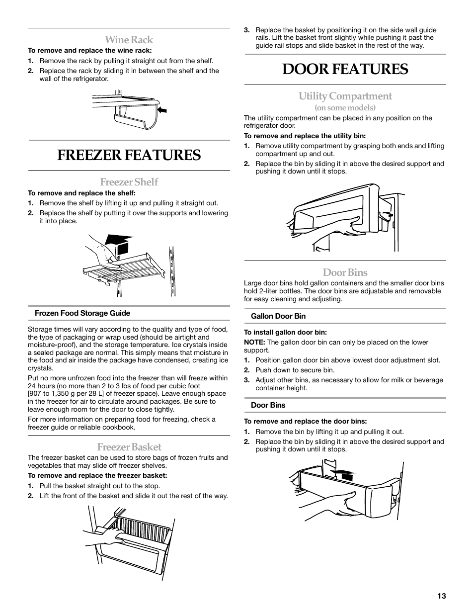 Freezer features, Door features, Wine rack | Freezer shelf, Freezer basket, Utility compartment, Door bins | KITCHENAID W10161714A User Manual | Page 13 / 64