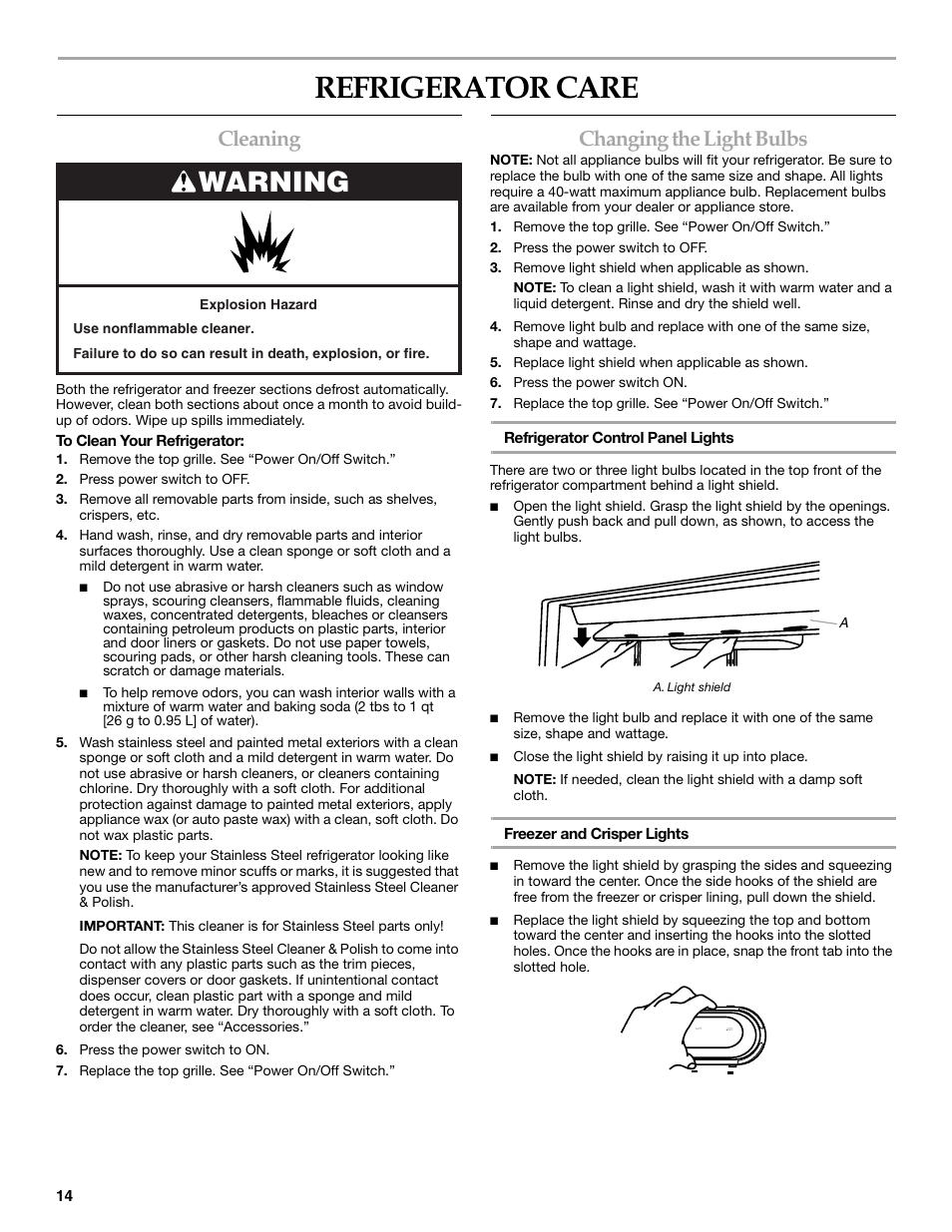 Refrigerator care, Warning, Cleaning | Changing the light bulbs | KITCHENAID W10161714A User Manual | Page 14 / 64