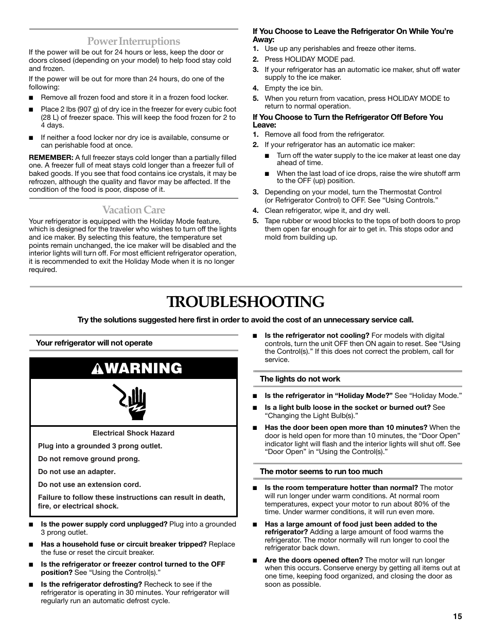 Troubleshooting, Warning, Power interruptions | Vacation care | KITCHENAID W10161714A User Manual | Page 15 / 64