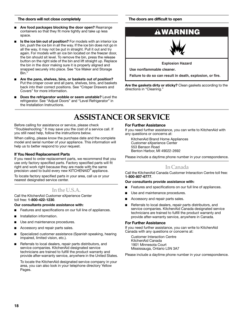 Assistance or service, Warning | KITCHENAID W10161714A User Manual | Page 18 / 64