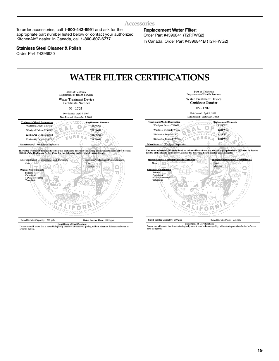 Water filter certifications, Accessories | KITCHENAID W10161714A User Manual | Page 19 / 64