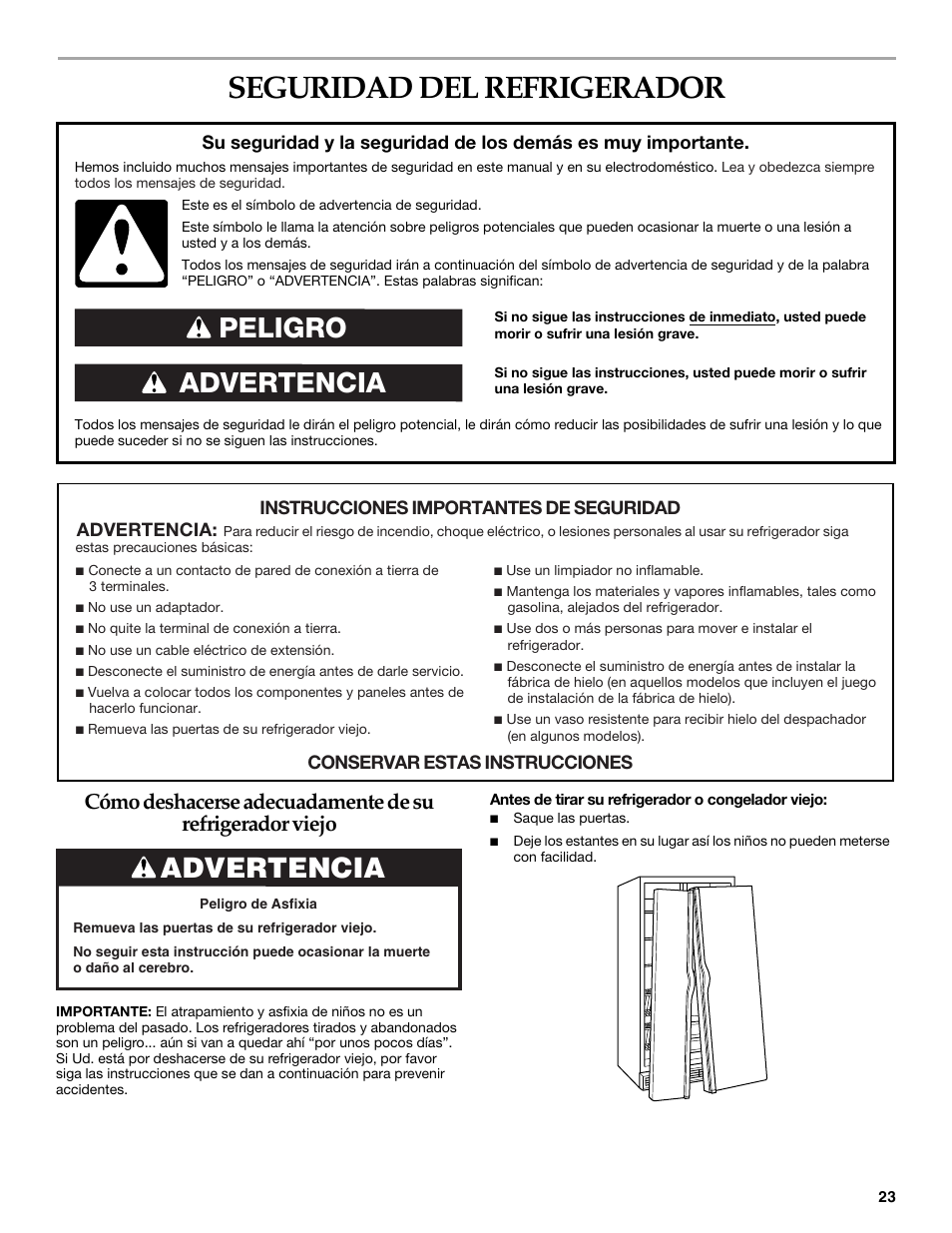 Seguridad del refrigerador, Advertencia peligro, Advertencia | KITCHENAID W10161714A User Manual | Page 23 / 64