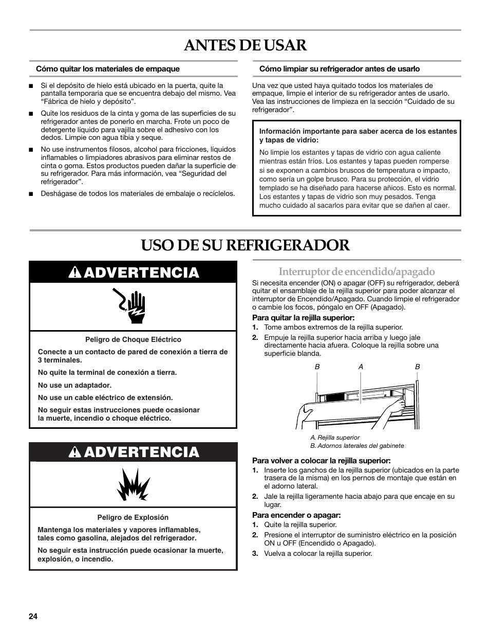 Antes de usar, Uso de su refrigerador, Advertencia | Interruptor de encendido/apagado | KITCHENAID W10161714A User Manual | Page 24 / 64