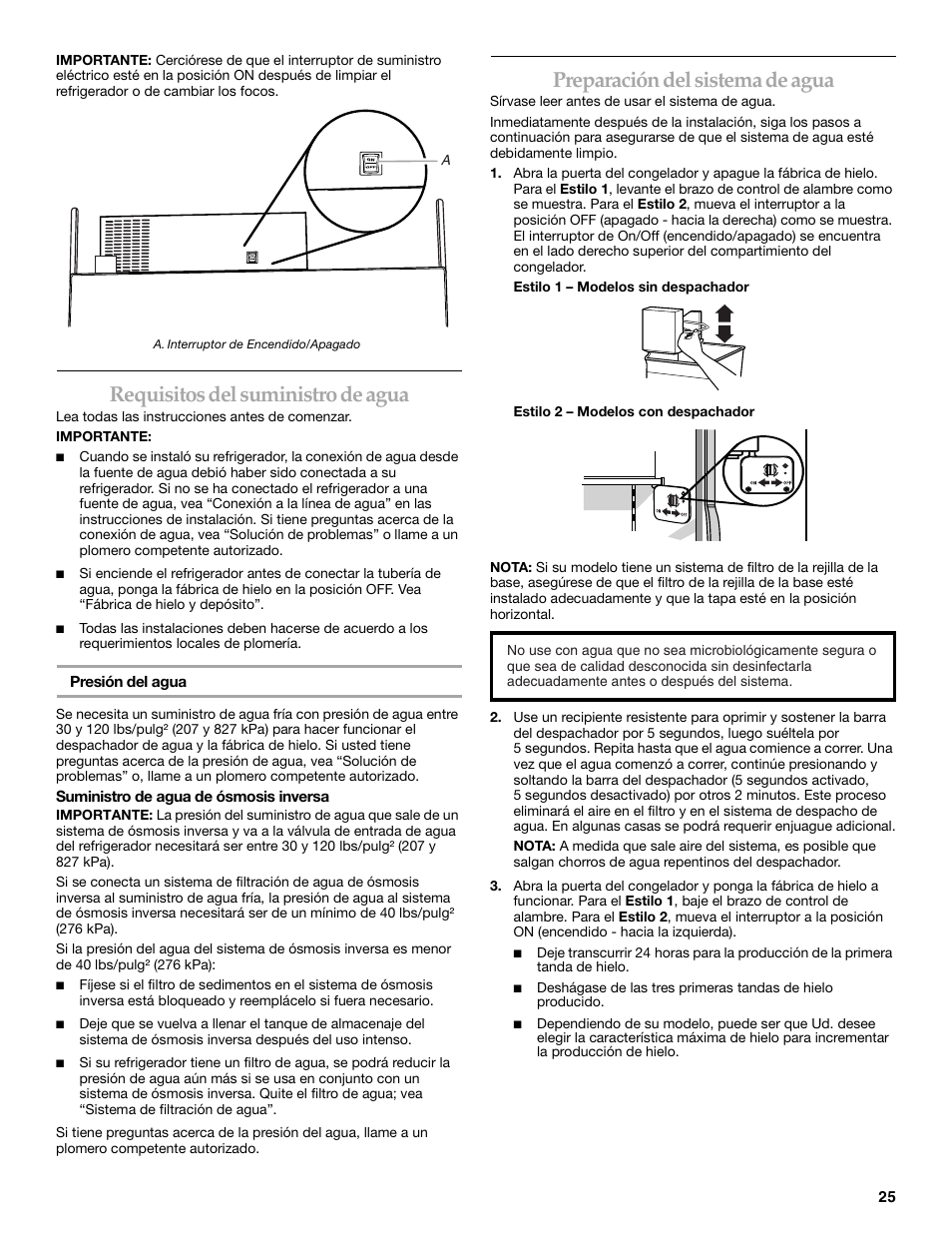 Requisitos del suministro de agua, Preparación del sistema de agua | KITCHENAID W10161714A User Manual | Page 25 / 64