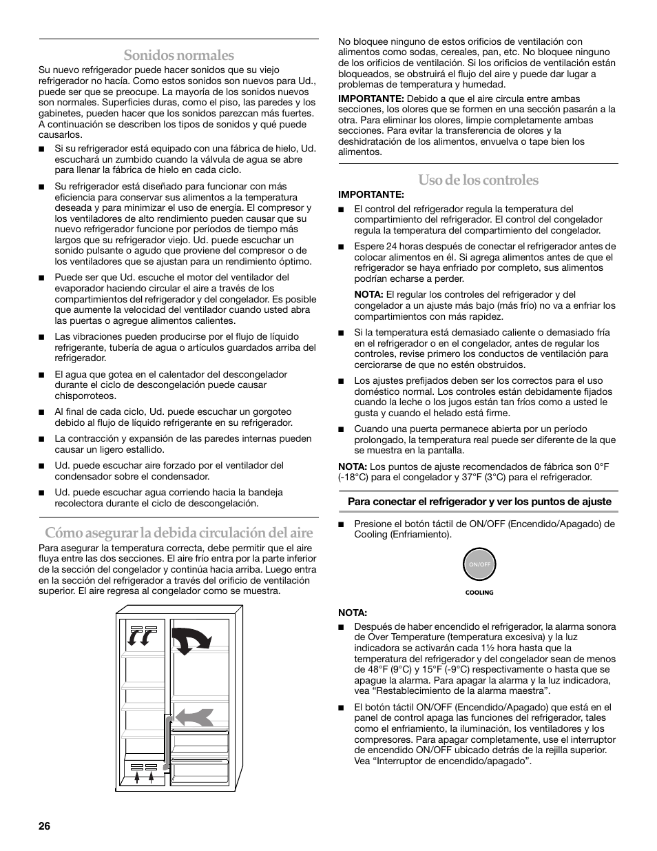 Sonidos normales, Cómo asegurar la debida circulación del aire, Uso de los controles | KITCHENAID W10161714A User Manual | Page 26 / 64