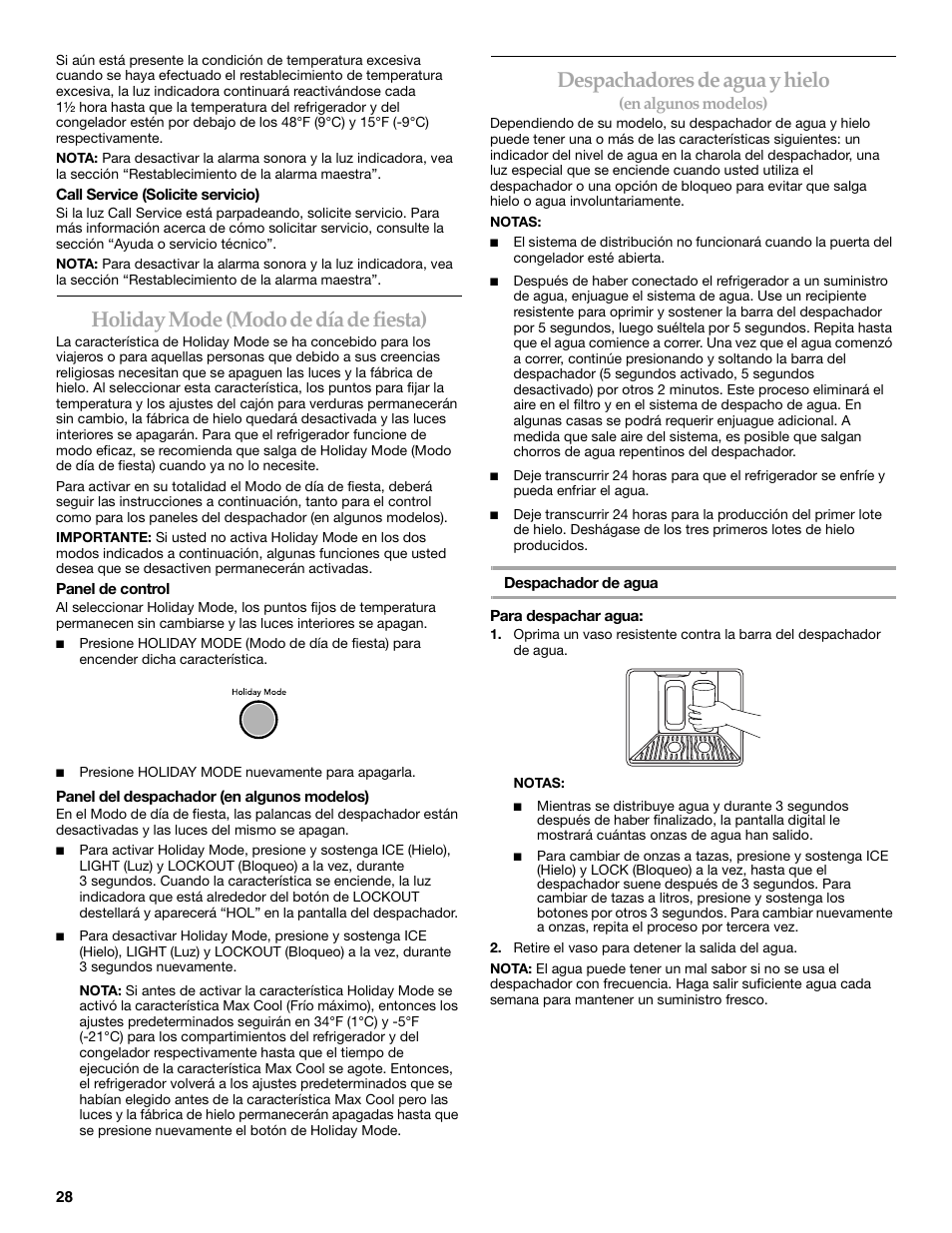 Holiday mode (modo de día de fiesta), Despachadores de agua y hielo | KITCHENAID W10161714A User Manual | Page 28 / 64