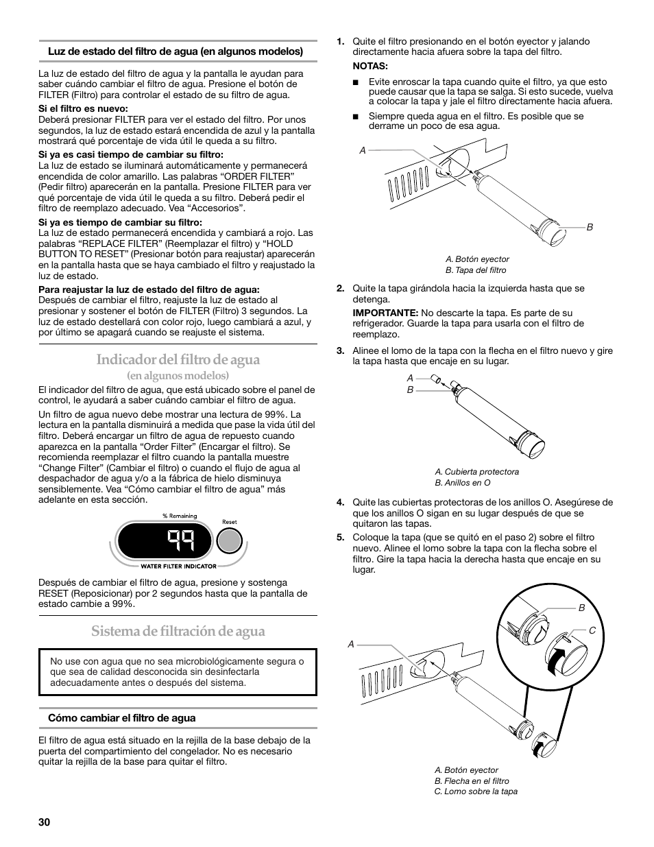 Indicador del filtro de agua, Sistema de filtración de agua | KITCHENAID W10161714A User Manual | Page 30 / 64