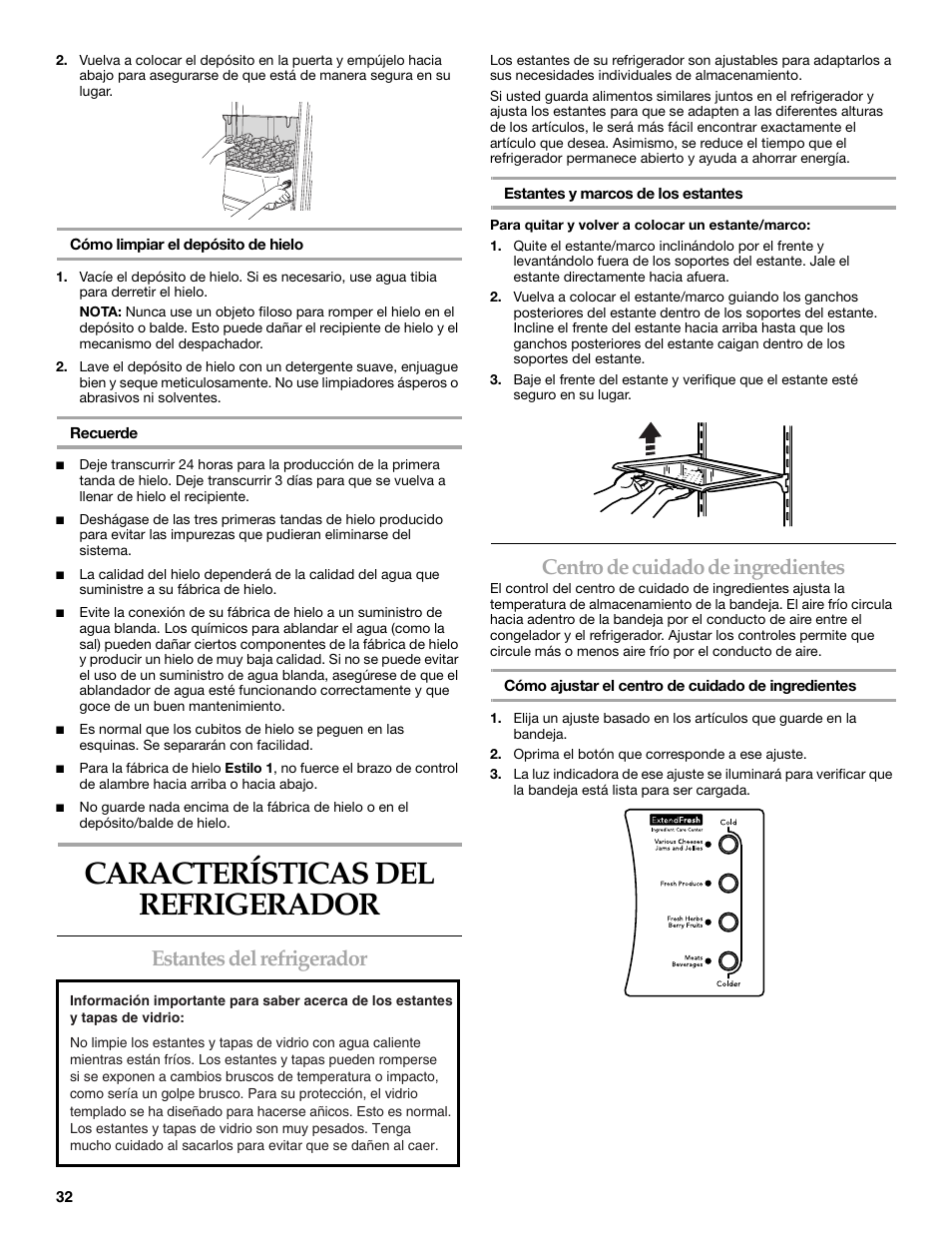 Características del refrigerador, Estantes del refrigerador, Centro de cuidado de ingredientes | KITCHENAID W10161714A User Manual | Page 32 / 64